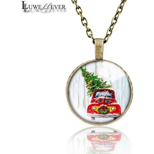 Christmas Car Necklace 660 25mm Bronze 30mm Wood Rhinestone Double-sided Moon Round Glass Pendant For Women Gift