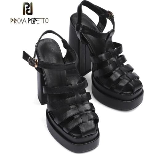 New Leather Woven High Heels Square Toe Thick Heel Platform Platform Cowhide Toe Cap Hollow Super High Heel Roman Sandals