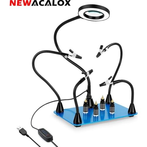 NEWACALOX Welding Third Hand Tool Magnetic PCB Board Fixed Clip 3X LED Magnifying Glass Flexible Arm Soldering Helping Hand Tool
