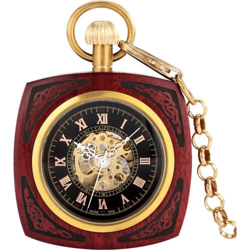 Unique Square Mahogany Automatic Mechanical Pocket Watch Roman Numerals Dial Durable Chain Necklace Pendant Gifts For Men Women