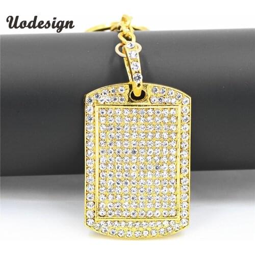Uodesign Men Jewelry Gold Crystal Dog Tag Pendant hiphop keychain Alloy Pendants Army ID Tag keyring for Men