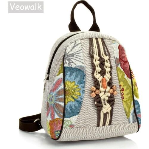 Veowalk Floral Embroidered Women Canvas Backpacks Handmade Ladies Small Rucksacks Retro Bohemian Embroidery Woman Back Bag Grey