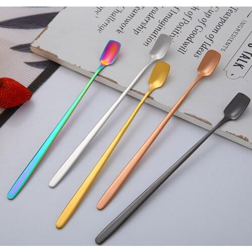 High Quality 304 Stainless Steel Square Head Ice Spoons Home Kitchen Long Handle Coffee Dessert Cocktail Stirring Scoops