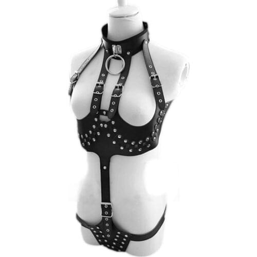 Women Metal Studded PU Leather Mistress Teddies Open Breast Cupless Body Harness Fetish Wear Bodysuit Role Play Costume
