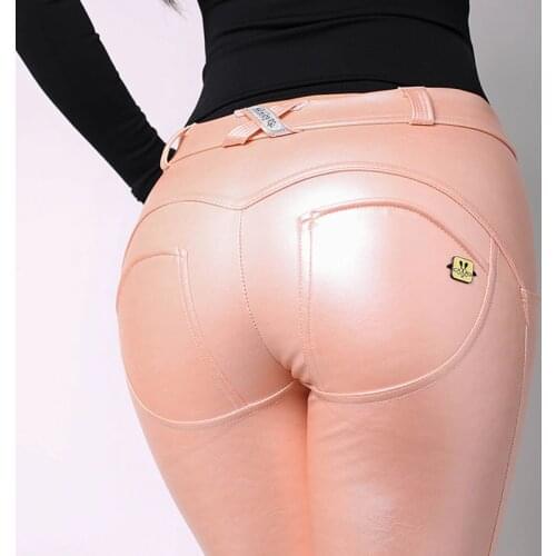 Melody Streetwear Metallic Reflective Mid Waist Pink Leather Pants Women Winter Trousers Pantalon Push Up Femme Womens Clothing