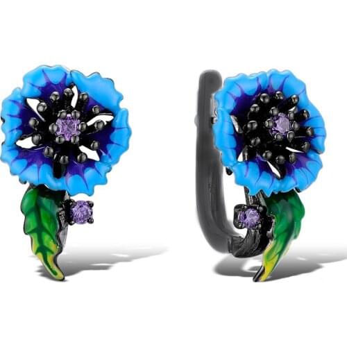 2019 Autumn Jewelry Blue Daisy Black Gold Stud Earrings Women Bohemia Temperament Delicate Enamel Earrings Wedding Party Jewelry