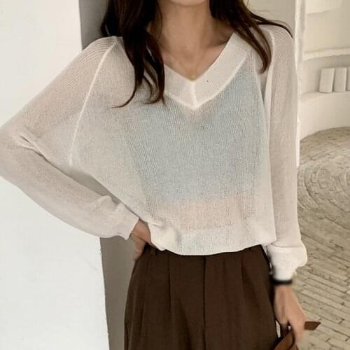 Women Thin Long-sleeved Sunscreen Sweater Top Long Sleeve Knitted Sweater Loose Casual V-neck Solid Color Thin Tops