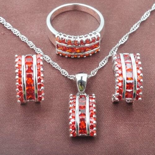 2021 New Red Zirconia Womens Silver Color Jewelry Sets Necklace Pendant Earrings Ring TZ0141