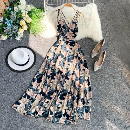 2020 New Women Floral Print Dress Summer Sexy V-neck Backless Long Dresses Female Elegant Bohemian Party Dress Vestidos P556