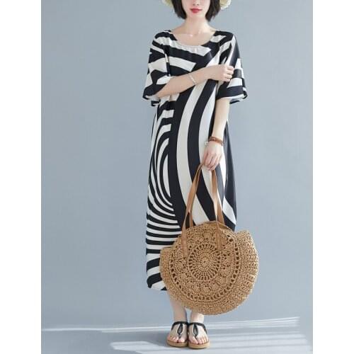 2021 New Fashion Zebra Striped Print Loose Big Size Casual Women Summer Short Sleeve Dress Long Maxic Vestidos