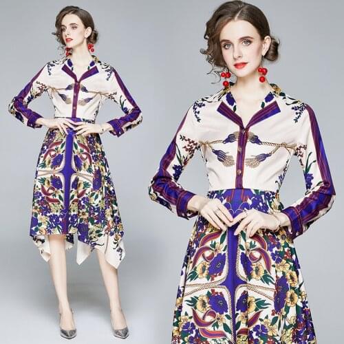 Banulin Fashion Runway Autumn Irregular Midi Dress 2020 Women Long Sleeve Blue Floral Printed Elegant Casual Office Dress