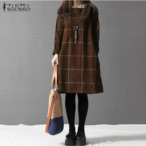 Winter Dress ZANZEA Fashion Plaid Women Long Sleeve Cotton Linen Dresses Casual Shirt Knee-length Vestidos Robe Mujer Plus Size