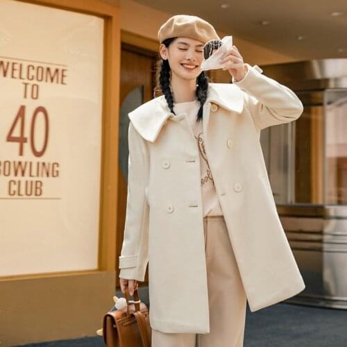 INMAN Winter Womens Woolen Coat Medium Length Small Loose Doll Collar Double Breasted Coat