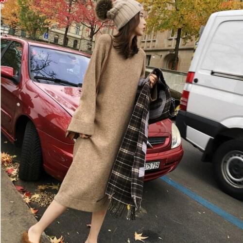 2020 Women Autumn Winter Khaki Full Sleeve Long Sweater Dress Round Collar Loose Knitted Pullovers Dresses Jumpers