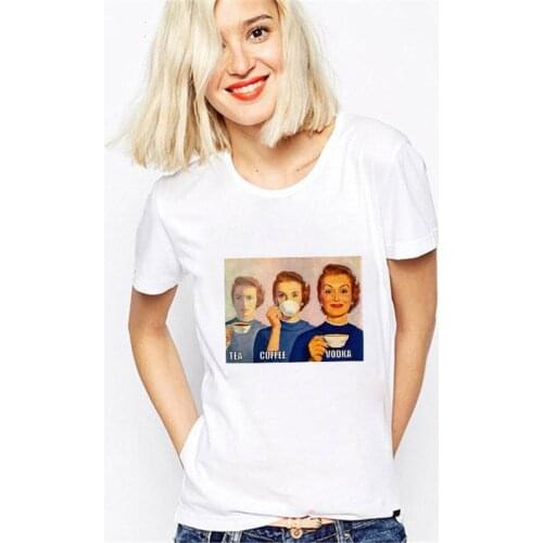 TEA COFFEE VODKA Funny Women T Shirt Summer Short Sleeved Casual White Round Neck Tshirt Female Graphic Streetwear Vintage Tees