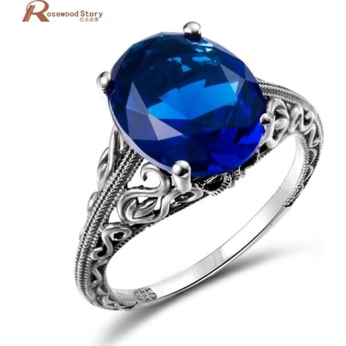 Brand New Real 925 Sterling Silver Rings with Created Sapphire Stones For Women Vintage Finger Ring Female Party Fashion Jewelry