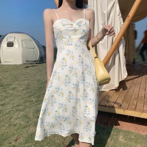 Cottagecore Floral Dress Women Sweet Sleeveless Mid-Calf Length Square Collar Slip Dresses 2021 New Fashion Streetwear Summer