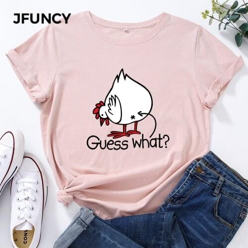 JFUNCY Women T Shirt Short Sleeve Cotton T-shirts Female GUESS WHAT Printing Graphic Tees Women Plus Size Harajuku Shirts Tops