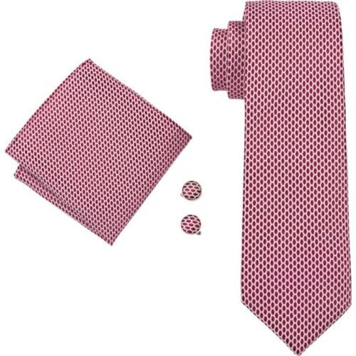 LS-1527 Barry.Wang Classic Men`s Tie 100% Silk Red Novelty Necktie Hanky Cufflink Set For Men`s Wedding Party Business