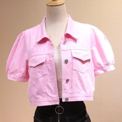 Korean Lapel Puff Sleeve High Waist Short Denim Jacket Female Pink Summer 2021 Slim Harajuku Women Jeans Jacket Jaqueta Feminina