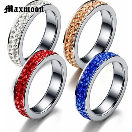Maxmoon Red Shining Bright Full Paved Crystal Ring Gold-color Stainless Steel 2-Row Stone Wedding Rings For Women Wedding Band