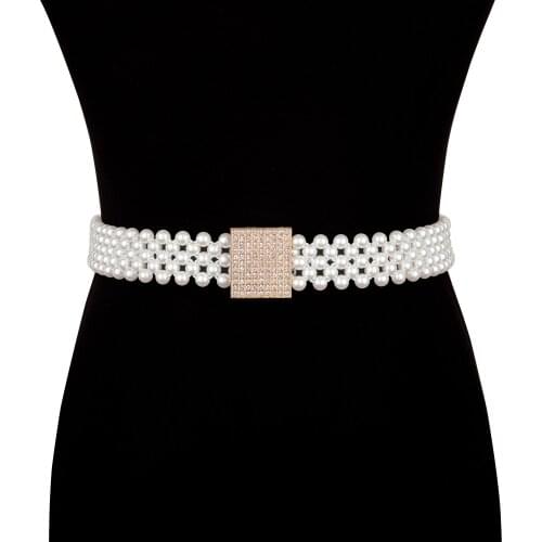Elegant Women Pearl Waist Belt Elastic Buckle Pearl Chain Belt Female Girls Dress Crystal Strap Pearl Elastic Belt Luxury Brand
