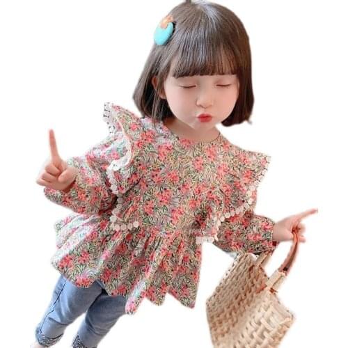 2021 Spring Summer New Girls' Shirt Childrens Ruffle Flower Shirt Princess Coat Printing Girls Blouses Casual Long Sleeve Tunic