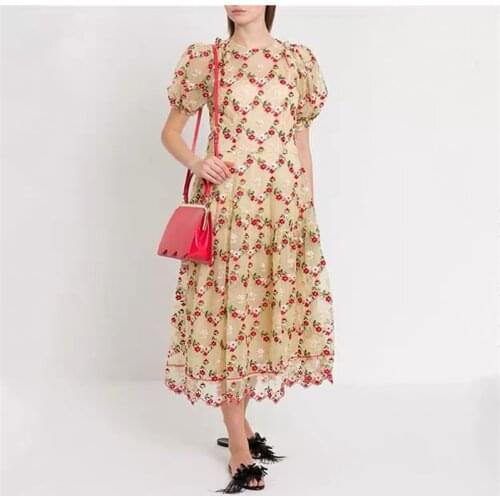 New Designer Runway Vintage O Neck Party Dress Womens Flower Embroidered Sweet Puff Sleeve Mesh Long Summer Dress