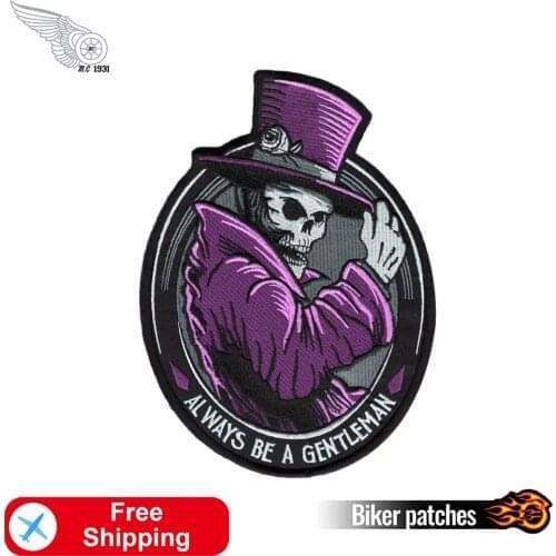 Huge Gentleman Ghost MC Embroidery Iron on Patches for Clothing Biker Jackets Applique Cool Skeleton Patch Sewing Clothes Badges