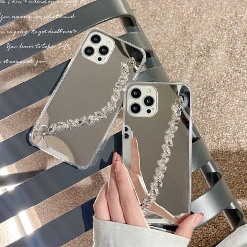 Silver Mirror Makeup Phone Case For iPhone 12 Pro Max 12Mini 11 Pro X XR XS Max 7 8Plus Case Rhinestone Crystal Diamond Bracelet