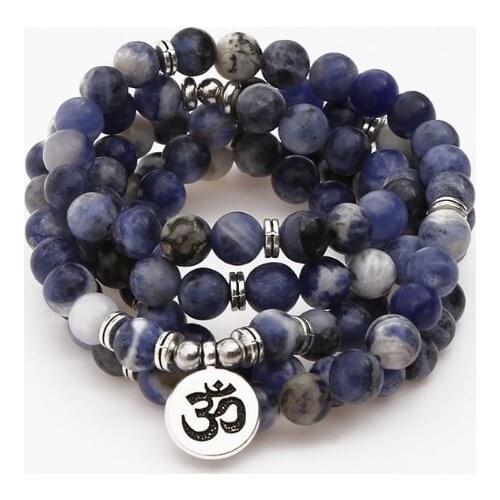 Blue 108 beads 8mm elastic adjustable Lotus life tree Buddha OM eye Chakra Reiki agate Onyx Yoga Bracelet necklace ghj45