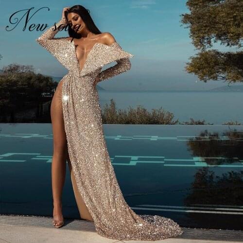 Sexy High Split Silt Evening Gowns For Special Occasion Newest Dubai Design Chic Formal Prom Dresses V Neck Beading Party Gown