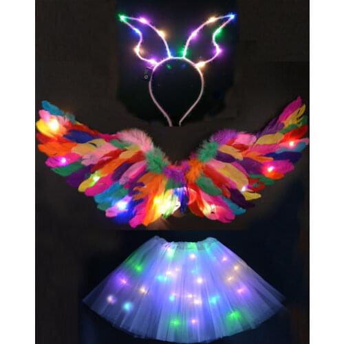 LED Light Tutu Skirt Ear Hairband Glow Angel Head Wear Cosplay Costume Birthday Gift Wedding Neon Party Led Clothes Decor