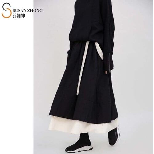 Women Skirts Female Bottoms Spring Summer Japanese Style Designer Loose A-Line Long Waist Belt Pleated Color Contrast Raw Hem
