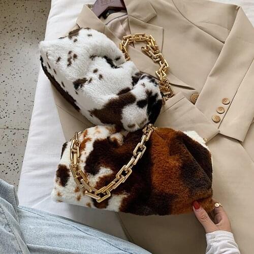 Cow Pattern Soft Faux Fur Small Shoulder Bags for Women 2021 Winter Branded Chain Handbags Fashion Trending