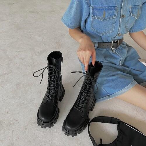Women Motorcycle Boots Wedges Flat Shoes Woman High Heel Platform Leather Boots Lace Up Women Shoes Black Boots Girls Platforms