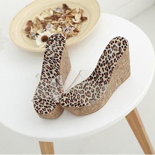 Transparent band open toe leopard/wood pattern muffins creepers high heel slippers summer platform wedges women slides European