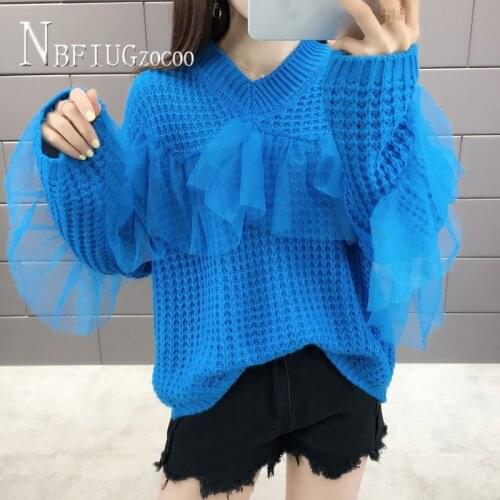 Hollow Lace Patchwork Knitting Women Sweater 2020 Autumn Winter V Neck Fairy Female Bottoming Sweaters