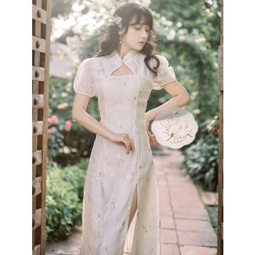 2021 Summer New Womens Retro Chinese Style Girly Embroidered Side Slit Puff Sleeve Mid-Length Dress Temperament Slim Dress