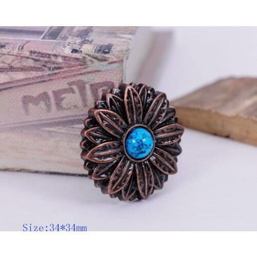 10X 34x34mm Blue Turquoise Antique Copper Rose Flower Leather Craft Button Decoration Horse Saddles Screw Back
