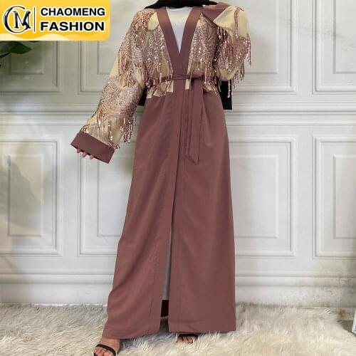 Middle East Fashion Tassels Sequins Dubai Abaya Muslim For Women Maxi Kaftan Turkey Islamic Clothing Kimono Ramadan Cardigan