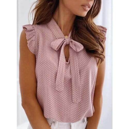 Bowknot Tie Blouse Elegant Ruffle Streetwear Blouses 2021 Chic Summer Loose Sleeveless Tops Fashion Solid Polka Dot Shirts 2XL