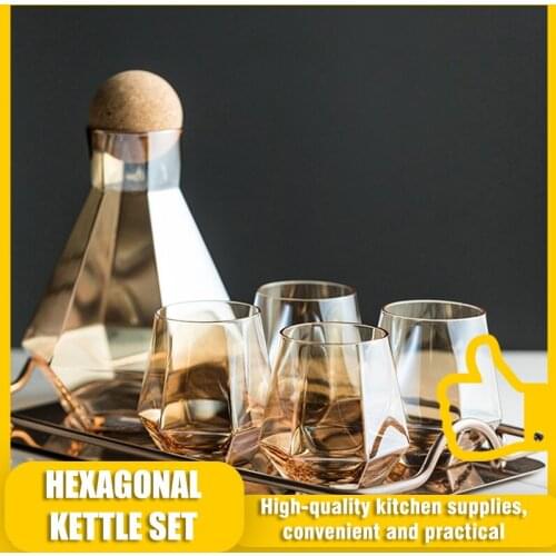 Household Water Kettle Hexagonal Glass Juice tea Cup Set Cold With wooden ball Transparent color Glass Large-capacity Cup kettle
