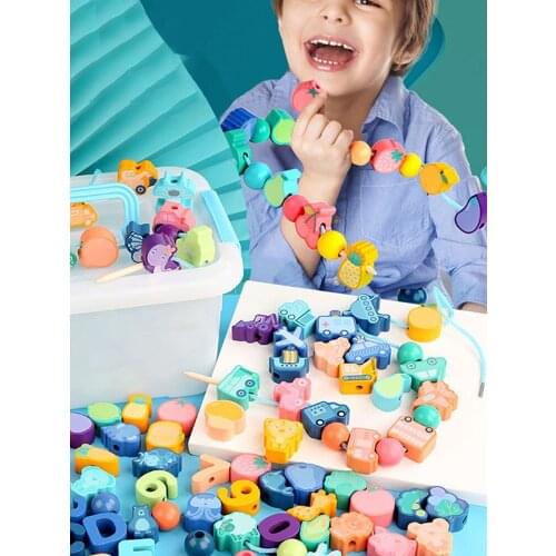 Wooden Toys Baby DIY Toy Cartoon Fruit Animal Stringing Threading Wooden Beads Toy Monterssori Educational For Kids