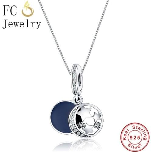 FC Jewelry 925 Sterling Silver Simple Star Moon Blue Enamel Lampwork Crystal Necklaces & Pendants Women Collar Choker Trinket