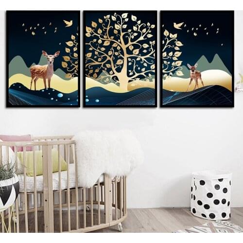 HD Canvas Art Black Gold WallPainting For Office Home Decora 3 Pieces Christmas Money Tree Elk Deer Animal landscape Picture