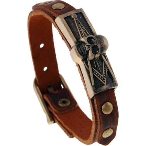 Brown Men Bracelets Fashion Jewelry Skeleton Head Alloy Charm Bronze Colors Vintage Wristband for Men Women 24 cm Belt Buckle