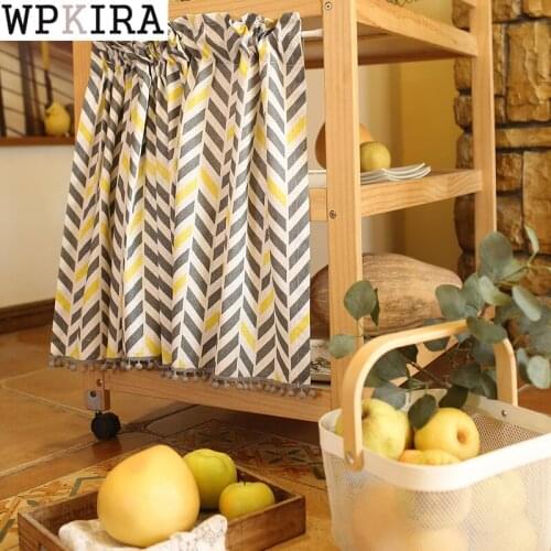 Nordic Grey Yellow Fishbone Pattern Short Curtain Coffee Drape Door Cabinet Kitchen With Small Ball Lace Bottom Porch S121#D