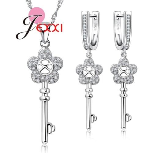 Beautiful Hollow Flower Key Design Women Girls 925 Sterling Silver Fashion Jewelry Wholesale For Ladies Necklace + Earrings