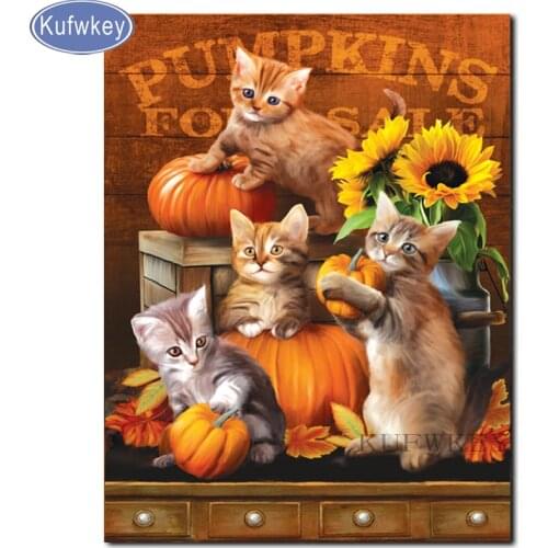 KUFWKEY Full Square Drill Diamond Embroidery Halloween Kittens and Puppies Diamond Painting Animal Diamond Mosaic set Rolled Up